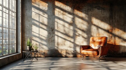 Aufkleber - Sunlit industrial loft interior with leather armchair, plants, and large window.