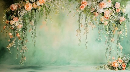 Aufkleber - Peach and white roses cascading over a green backdrop.