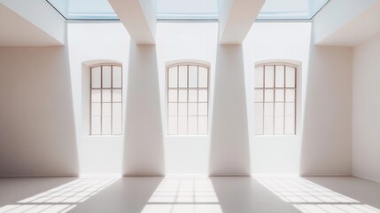 Poster - Sunlit minimalist room with three large windows and skylights.