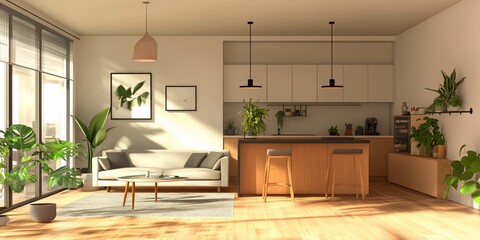 Aufkleber - Sunlit modern apartment interior with open plan kitchen, living area, and abundant plants.