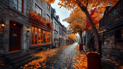 Aufkleber - Cobblestone street lined with autumn leaves, historic buildings.