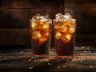 Poster - Two glasses of iced cola with condensation on a rustic wooden surface.