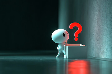 Poster - Abstract character pondering a glowing red large question mark above a box in a dark minimalist setting