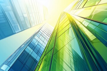 Poster - Low angle view of modern glass skyscrapers reflecting sunlight.