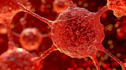 Aufkleber - Microscopic view of red cells interconnected, showing complex structures and textures.