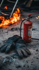 Poster - Fire extinguisher and protective gloves are placed on the ground near a burning fire, ready for use in case of emergency, demonstrating workplace safety and fire prevention measures