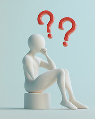 Poster - Abstract figure sitting on a pedestal with red large question marks on pastel background