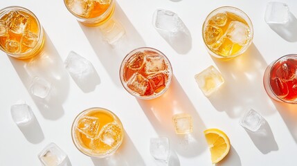 Poster - Overhead view of iced tea variations in glasses with ice cubes and lemon slice on white background.