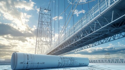 Aufkleber - Architectural blueprint of a suspension bridge against a scenic sunset sky.