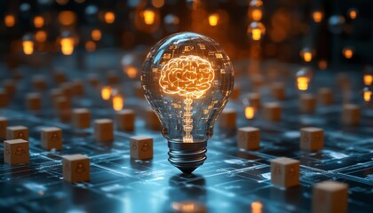 Leinwandbilder - AI adoption and innovation concept with digital brain in lightbulb