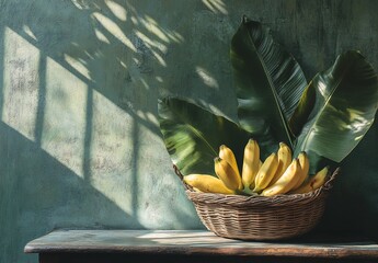 Poster - Ripe yellow bananas in a wicker basket with large green leaves, sitting on a rustic wooden table against a textured green wall, illuminated by dappled sunlight.