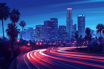 Poster - Night cityscape with palm trees, highway light trails, and skyscrapers.