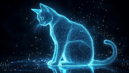 Fototapete - Glowing digital cat sitting on dark background.