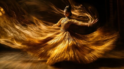 A mesmerizing dancer twirls with flowing gold fabric. The motion captures the beauty and grace of movement. Artistry in motion is on display here. Generative AI