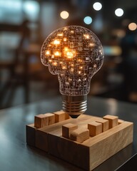 Poster - AI innovation concept with a digital brain in a lightbulb, human icons on wooden blocks, showcasing the evolution of AI in managing personnel and organizational structures