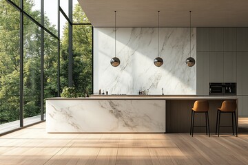 Poster - Modern kitchen with marble island, wooden floor, and large windows overlooking a lush green forest.