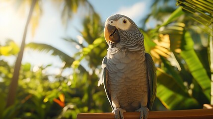 Aufkleber - African grey parrot perched on wood, tropical setting.