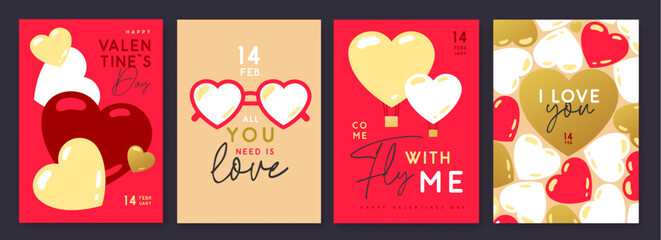 Wall Mural - Set of Happy Valentines Day greeting cards, covers or posters with love hearts in modern style. Valentine background. Flat design. Vector illustration