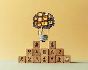 Poster - AI vs human competition concept with digital brain in lightbulb