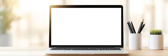 Aufkleber - Modern laptop with blank screen is showing potential for graphic designers creating website mockups and showcasing work in professional setting with pencils and plant