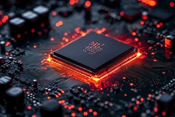 Poster - Close-up view of a glowing microchip on a circuit board surrounded by electronic components at night