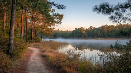 Poster - Serene sunrise over misty lake with pine trees and path.
