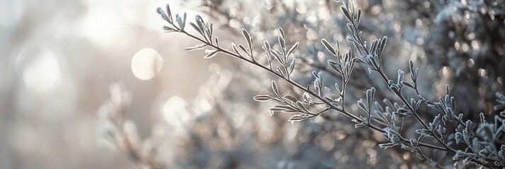 Aufkleber - Frost-covered branches with bokeh background.