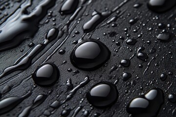 Poster - Water droplets create intricate patterns on a smooth black surface under soft lighting conditions