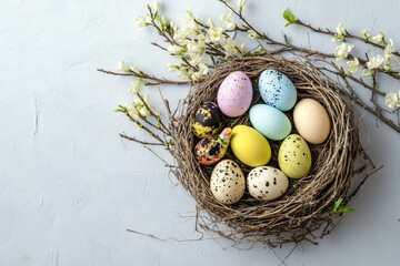 Wall Mural - Colorful Easter Eggs in a Nest with Spring Branches