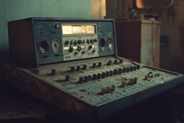 Poster - Dusty vintage audio mixing console in abandoned room.