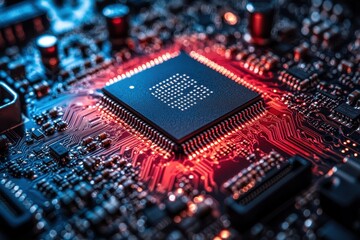Poster - Microchip technology on a circuit board illuminated by red and blue lights showcasing intricate design details