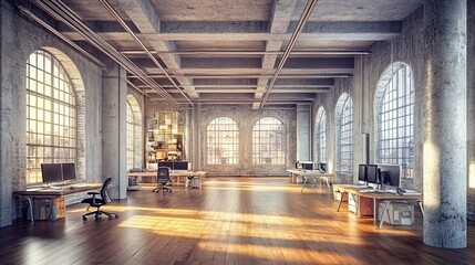 Leinwandbilder - Sunlit industrial-style office space with arched windows, hardwood floors, and modern workstations.