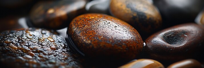 Poster - Close-up of wet, smooth, dark brown and orange stones.