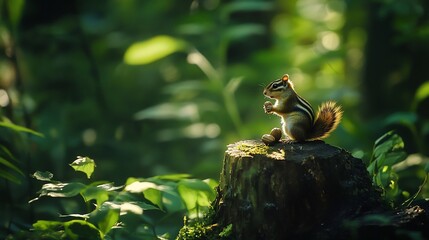 Poster - A chipmunk sits on a tree stump in a forest, eating a nut. Sunlight illuminates it.