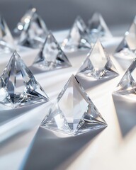 Aufkleber - Sparkling crystal pyramids arranged on a white silk background, illuminated by soft light, creating a luxurious and elegant feel.