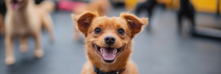 Poster - Happy small brown dog smiling at camera, other dogs blurred in background.