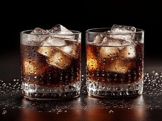 Poster - Two glasses of cola with ice cubes on a dark surface.
