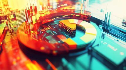 Aufkleber - Abstract 3D rendering of a colorful pie chart on a technological circuit board background.