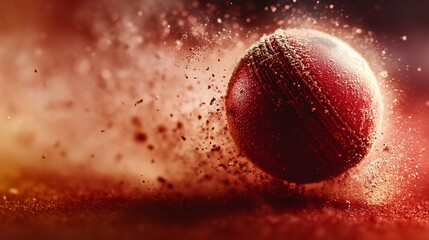 Poster - Close-up of a red cricket ball in motion, surrounded by dust and debris, with a dramatic, high-energy background.