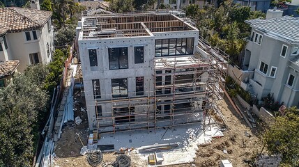 Aufkleber - Aerial view of a modern house under construction, showing scaffolding, concrete structure, and surrounding landscape.