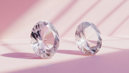 Poster - Two sparkling diamonds on pink surface with sunlight shadows.