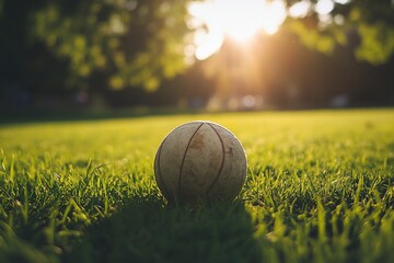 Aufkleber - Worn basketball rests in grassy park at sunset.