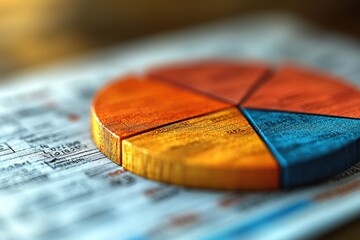 Poster - Colorful wooden pie chart on detailed financial report showing data analysis for decision making