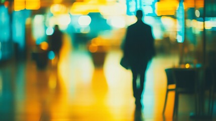 Aufkleber - Blurred silhouette of a man walking in a brightly lit city at night.