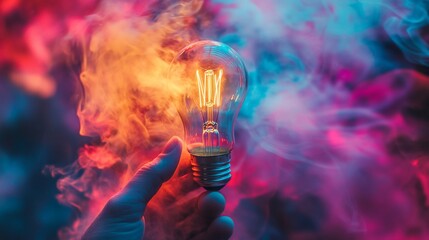 Aufkleber - Hand holding illuminated lightbulb amidst vibrant colorful smoke.
