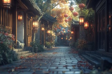 Poster - Picturesque autumn alley in ancient Chinese town with traditional architecture, lanterns, and fallen leaves.