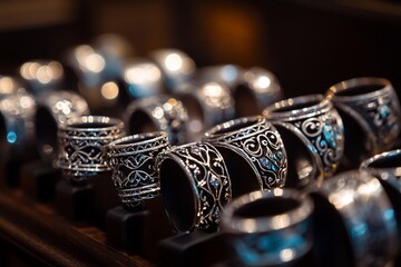 Aufkleber - Close-up of silver rings with intricate detailing displayed on a dark wooden surface.