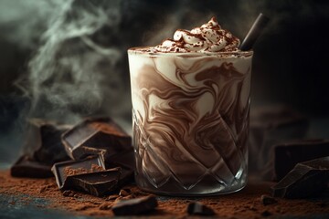 Poster - Steaming chocolate milkshake with whipped cream in a glass, surrounded by chocolate pieces and cocoa powder.