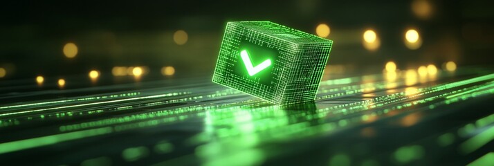 Aufkleber - Glowing green cube with checkmark on digital surface.