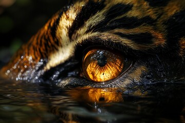 Poster - Close-up of a tiger's amber eye partially submerged in water, reflecting light.